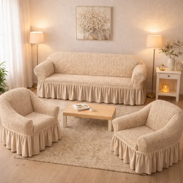 Set Huse Canapea și Fotolii, Bumbac Elastic, 3 Piese FTS3