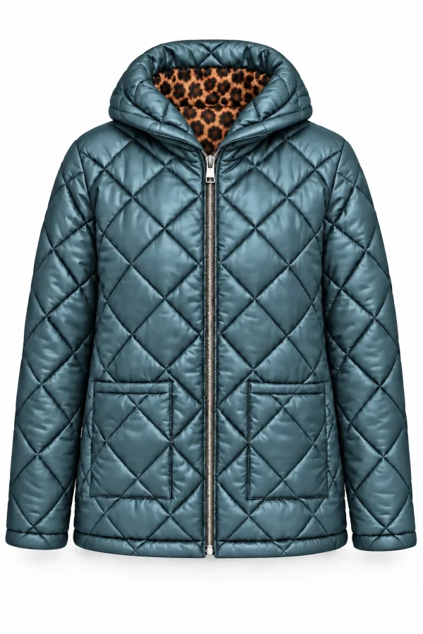 Geacă matlasată cu glugă și interior animal print LIVIA GLV05