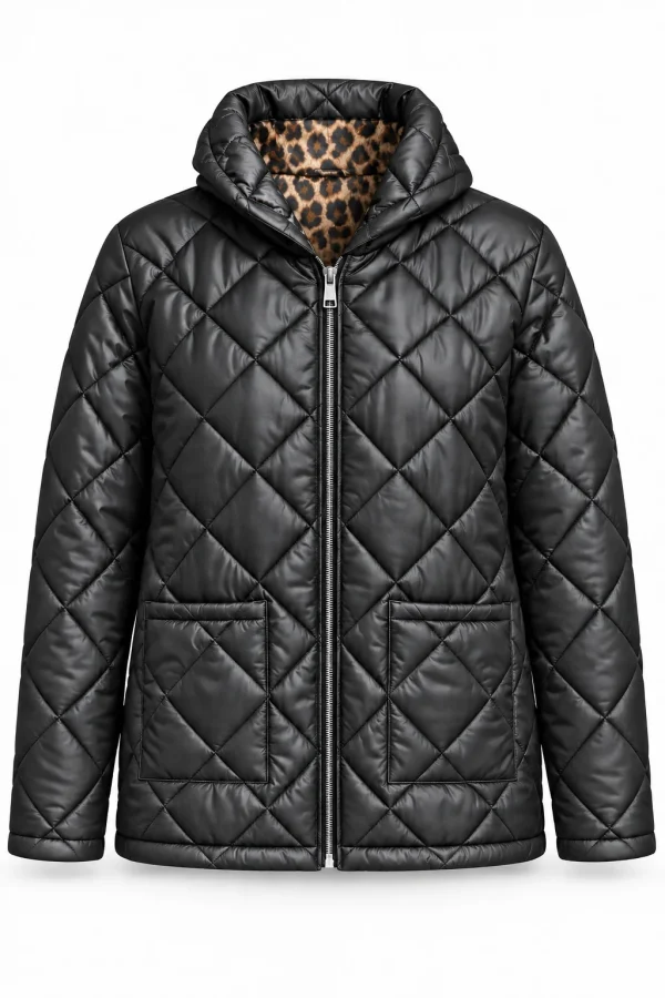 Geacă matlasată cu glugă și interior animal print LIVIA GLV07