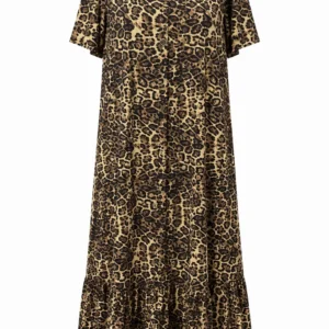 Rochie Animal Print cu Volan și Nasturi Decorativi RED111