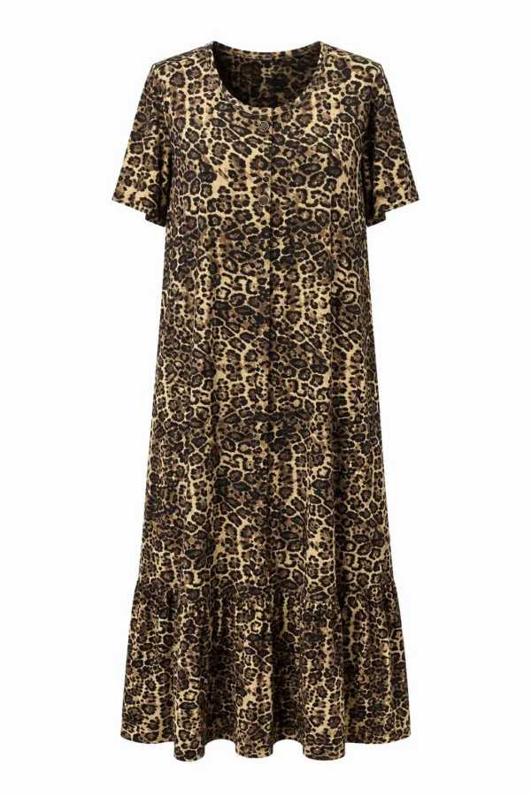 Rochie Animal Print cu Volan și Nasturi Decorativi RED111