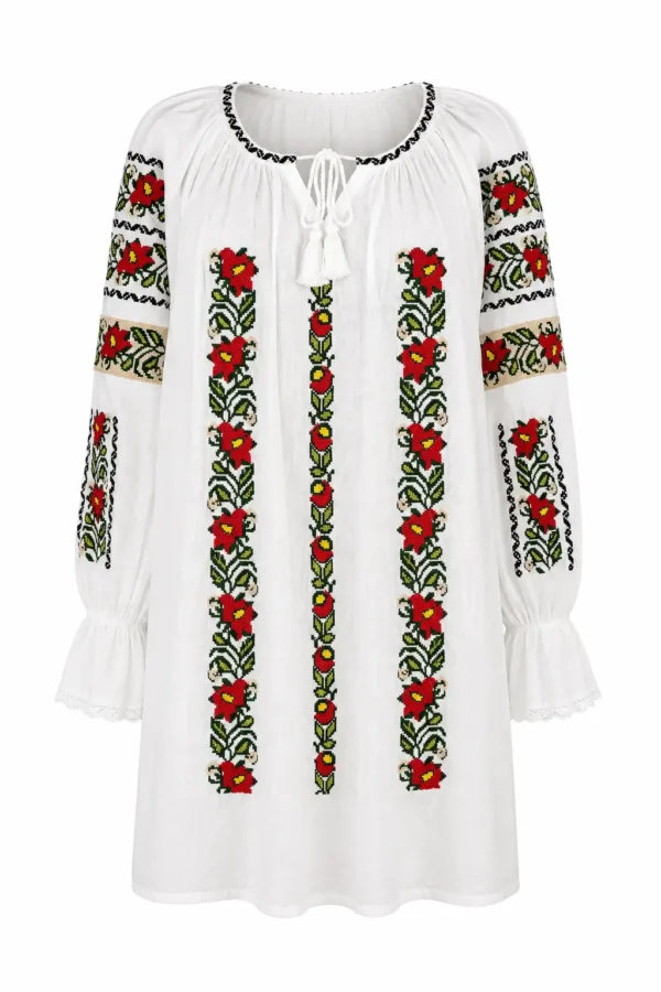 Bluză damă albă cu broderie florală tradițională RED82