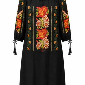 Rochie damă neagră cu broderie tradițională florală RED96