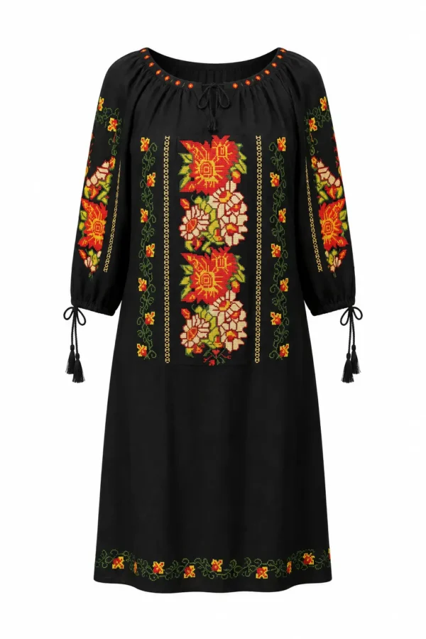 Rochie damă neagră cu broderie tradițională florală RED96