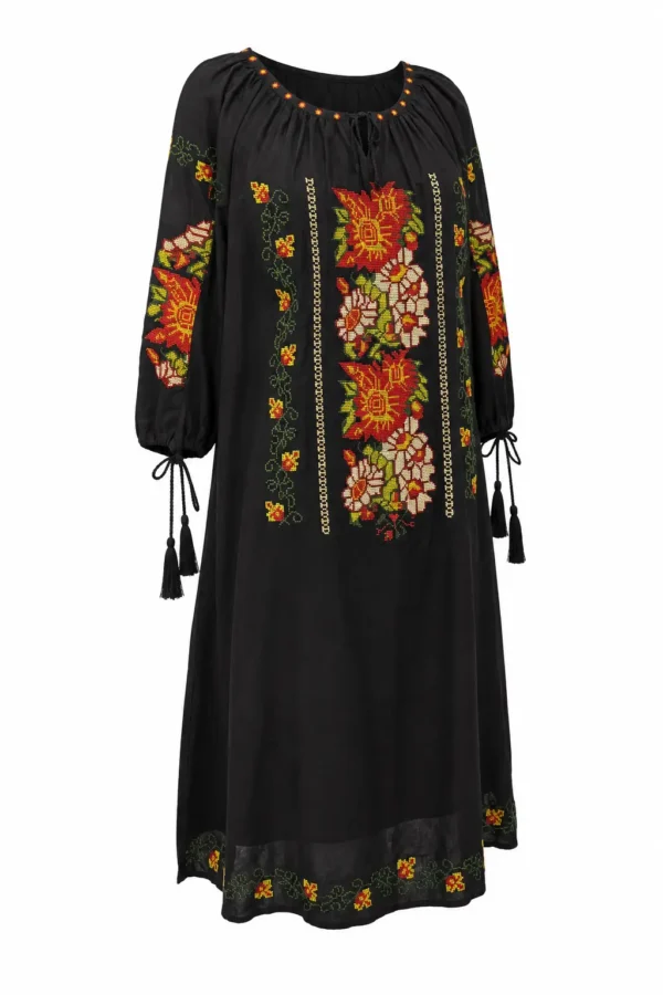 Rochie damă neagră cu broderie tradițională florală RED96 - imagine 2