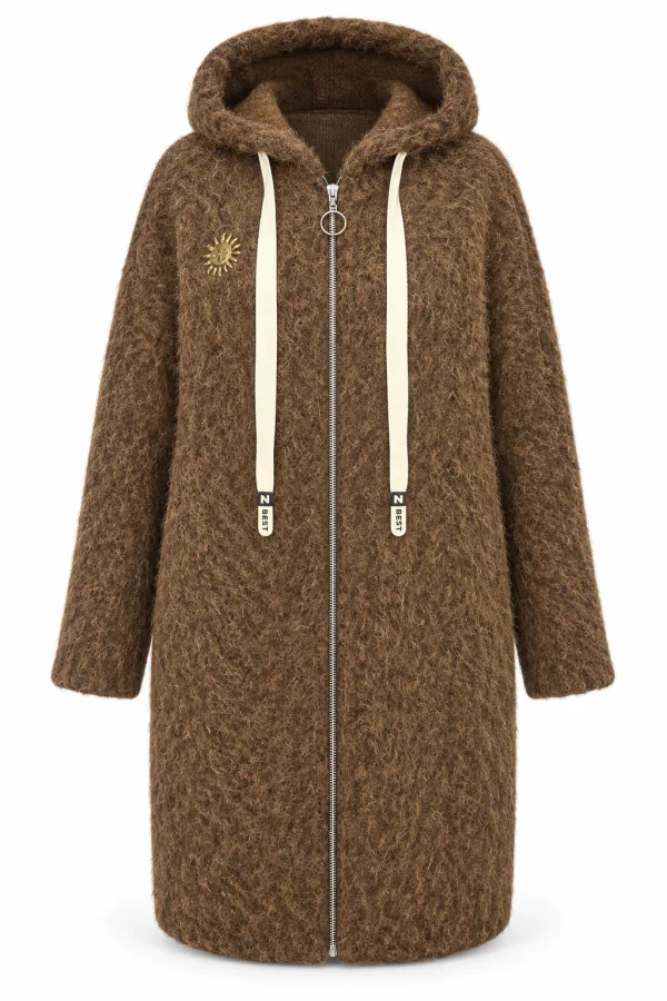 Cardigan damă cu glugă, fermoar și broșă decorativă CBP01