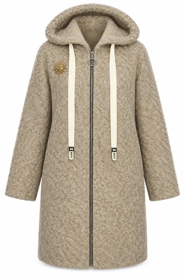 Cardigan damă cu glugă, fermoar și broșă decorativă CBP02