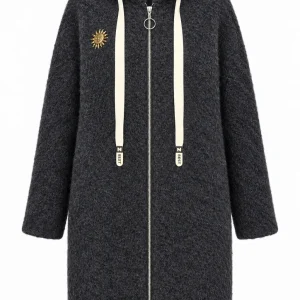 Cardigan damă cu glugă, fermoar și broșă decorativă CBP04