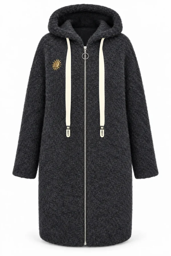 Cardigan damă cu glugă, fermoar și broșă decorativă CBP04
