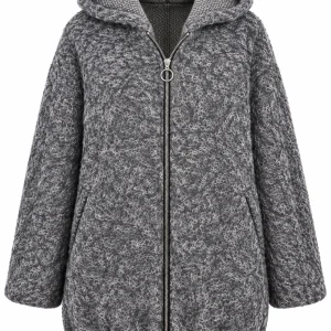 Cardigan damă cu glugă și material texturat pufos CSP01